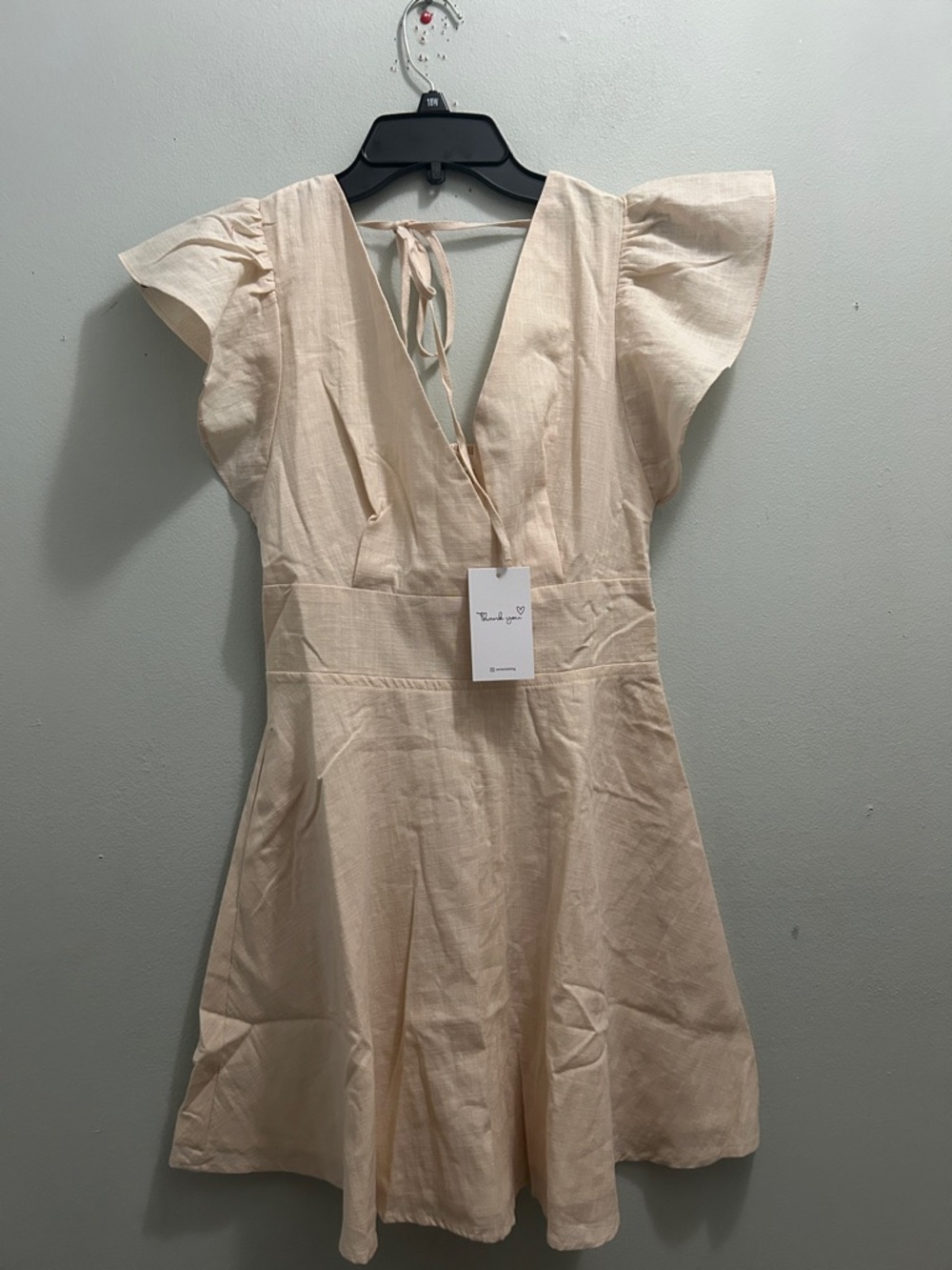 Cream V-Neck Tie-Back Mini Dress with Flutter Sleeves